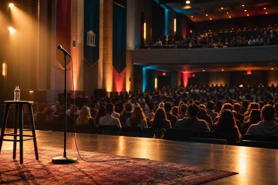 A comedian performing for a college audience