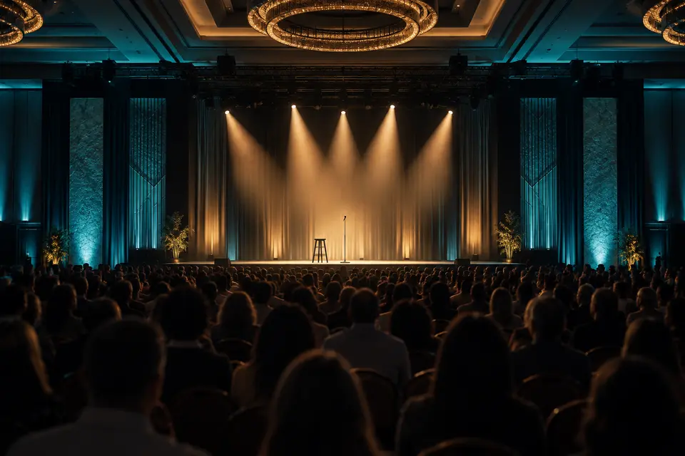 A comedian performing on a convention stage