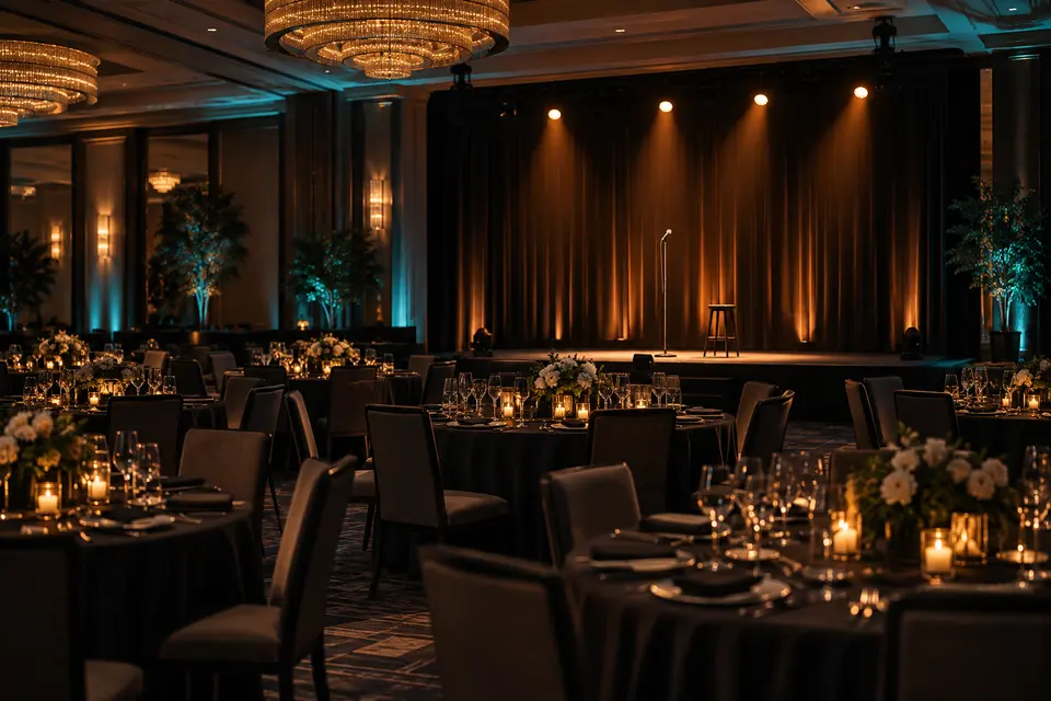 A comedian performing at a polished corporate event
