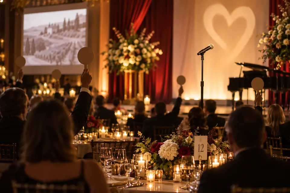 A comedian performing at a fundraising gala