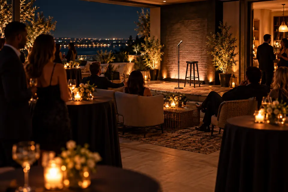 A comedian performing at an intimate private party