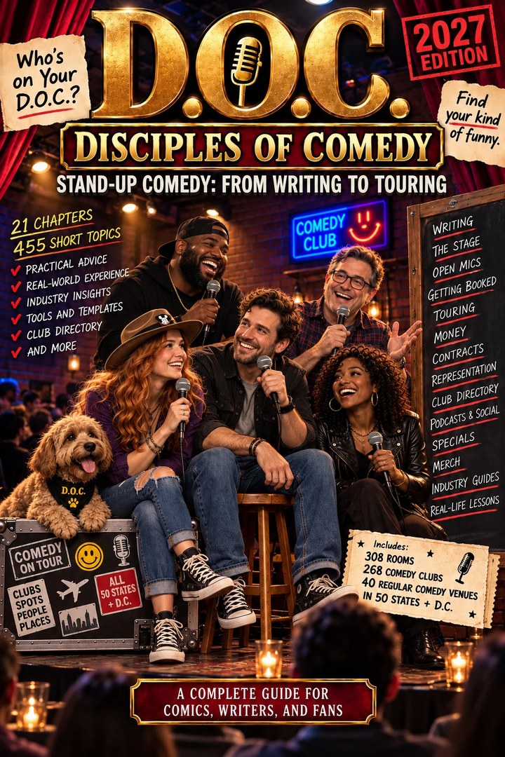 The cover of the stand-up comedy book Stand-Up Comedy: From Writing to Touring, 2027 Edition, by D.O.C., Disciples of Comedy — five comics with microphones on a club stage beside a dog in a D.O.C. bandana, a chalkboard of the book's subjects, and a ticket that reads 308 rooms in 50 states and D.C.