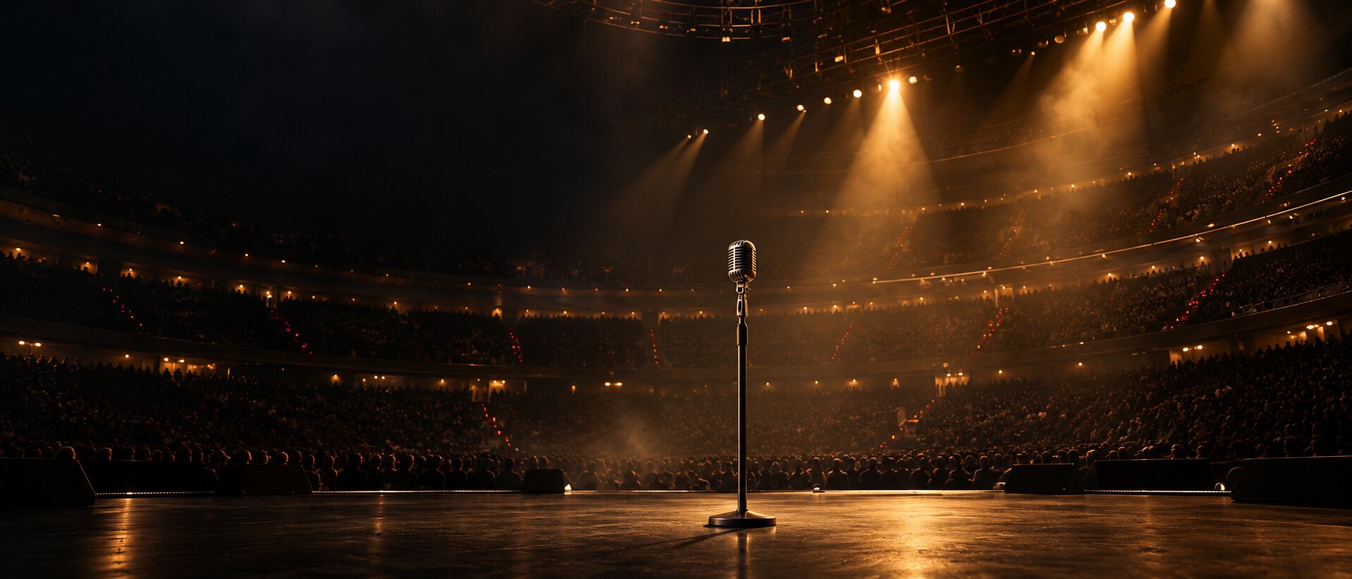 A single microphone under warm spotlights in a full arena