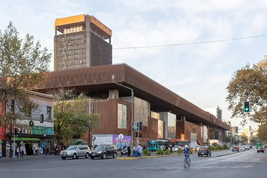 The Centro Gabriela Mistral (GAM) on Avenida Libertador Bernardo O'Higgins in Santiago, its rust-red building under the tower