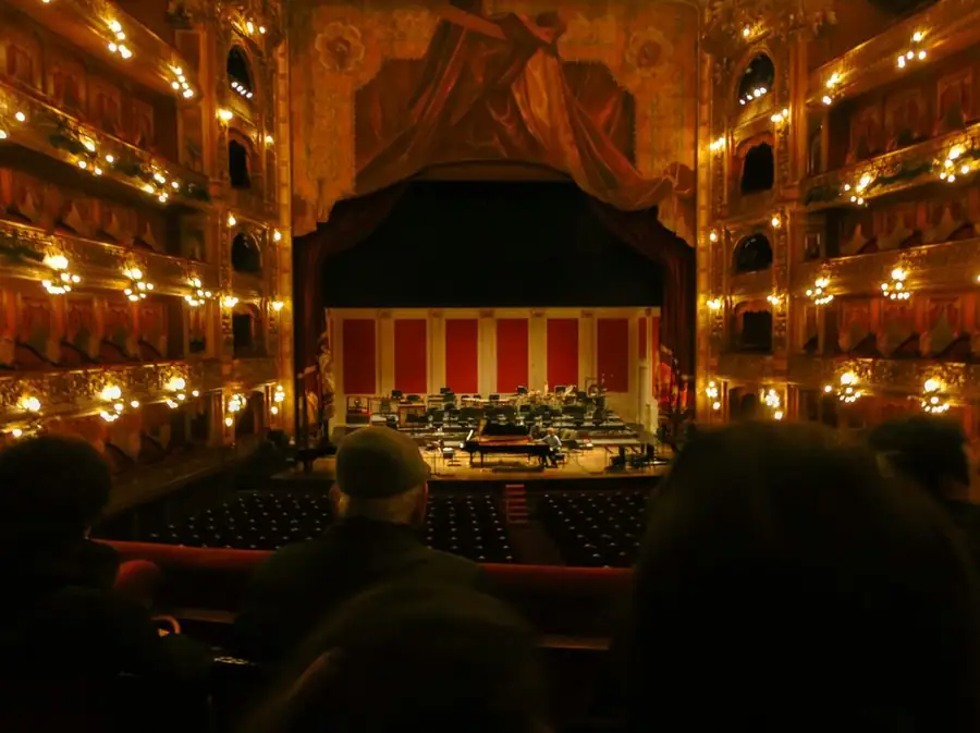 A grand gilded opera house seen from the balcony, the audience in the foreground: producing a comedy show