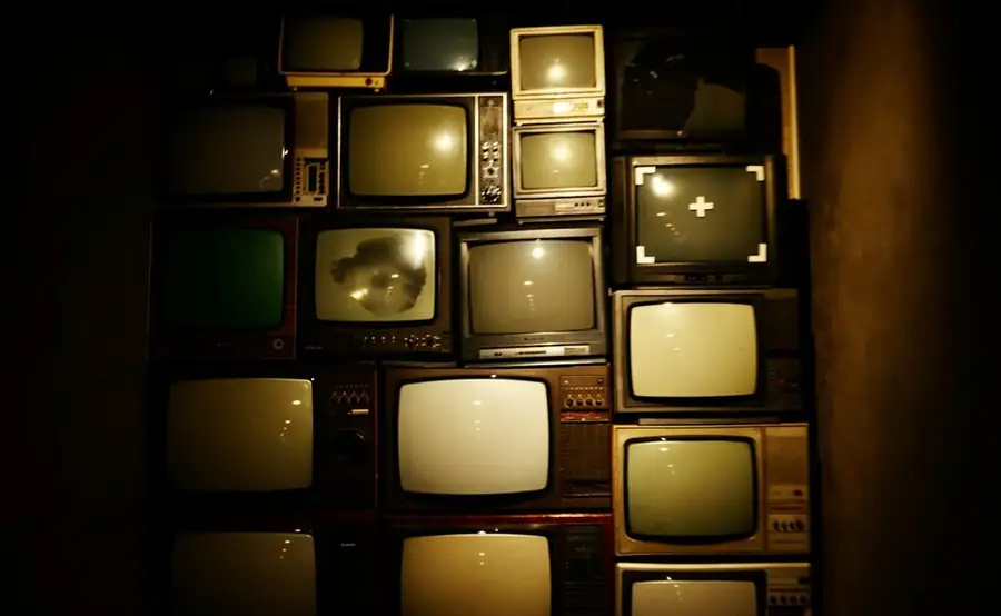 Screen Stars, the actors who are comedians: a wall of stacked vintage television sets glowing warm in the dark