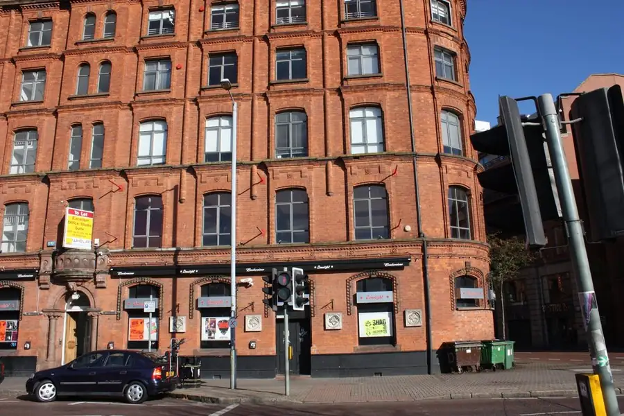 The Limelight in Belfast: a red brick building on Ormeau Avenue with the club's signs along the ground floor.