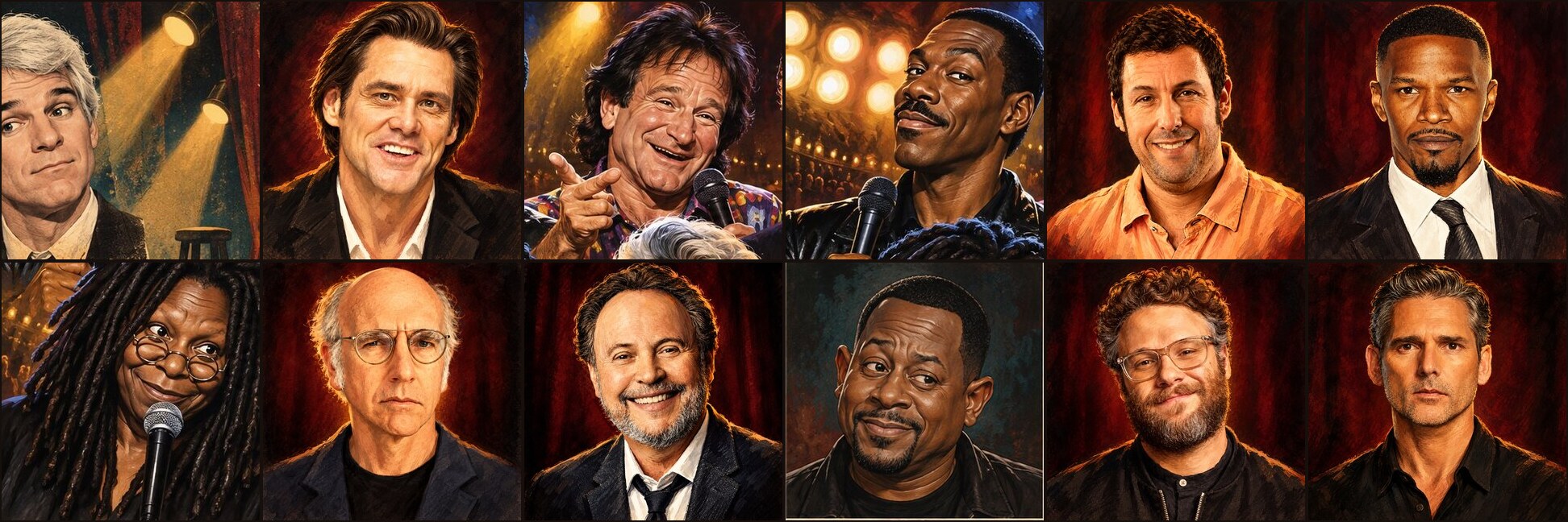 Painted caricatures of comedians — Before the Screen
