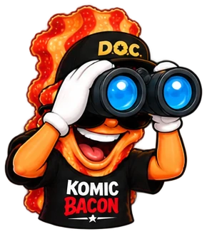 Komic Bacon with binoculars, looking for clean stand-up comedy videos