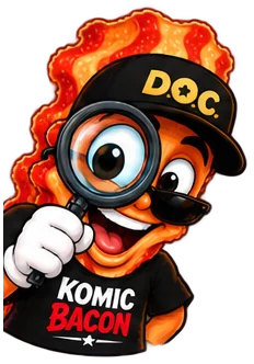 Komic Bacon with his magnifying glass, reading your comedy DNA
